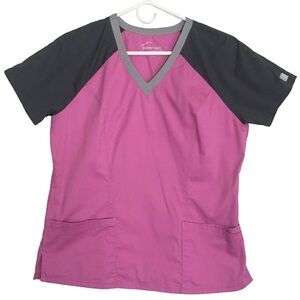 Buttersoft Medium Mauve pink, light gray V Neck with dk gray sleeve Scrub Top